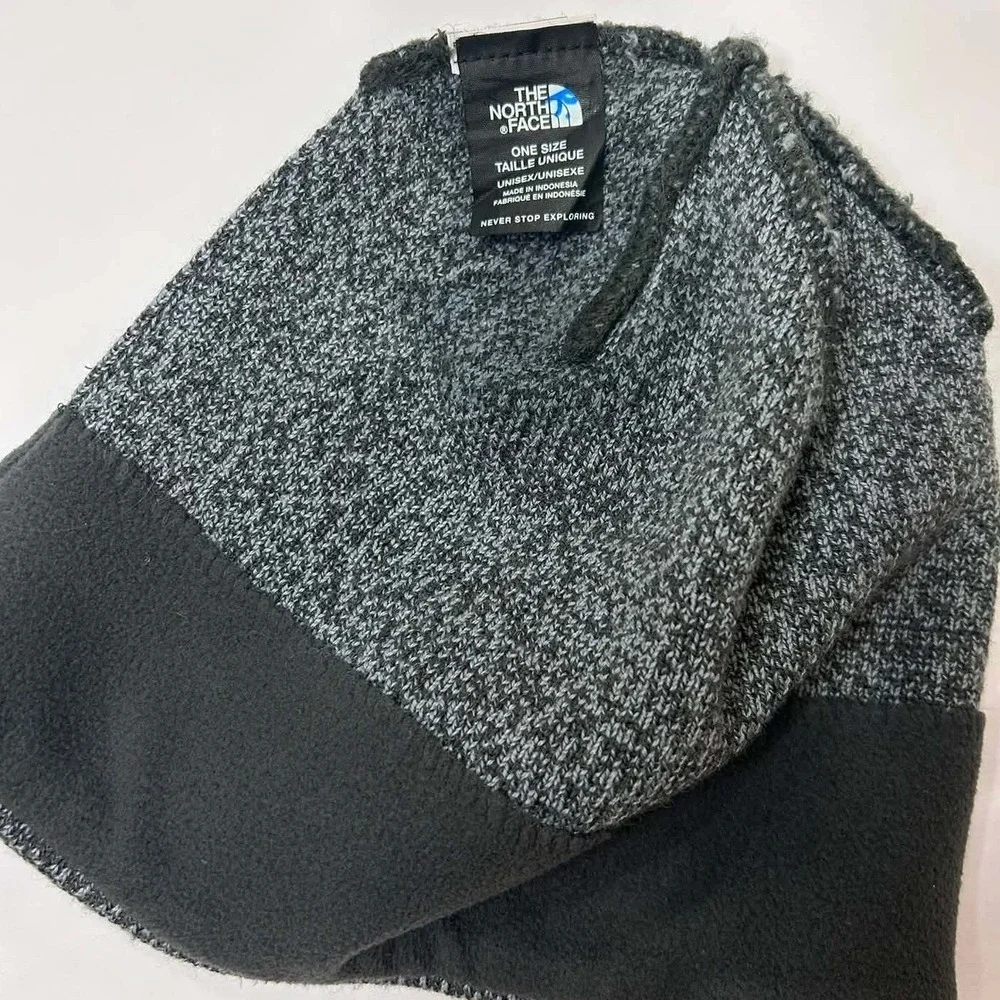 The North Face Bones Beanie Unisex OS Grey Black Excellent Fleece Lined Knit Hat